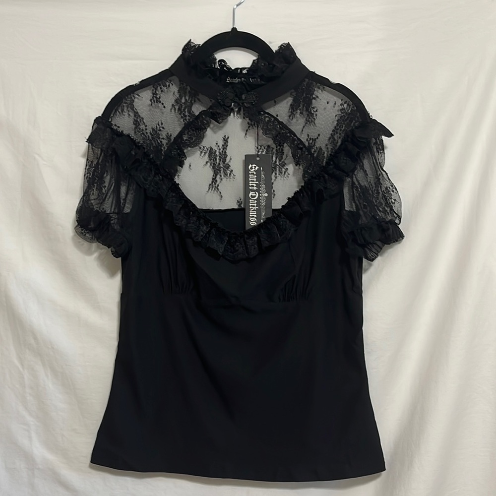 Womens Gothic Tops Hollowed Front Lace Patchwork Shirts Black L